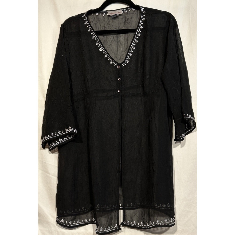 Lagenlook Sheer Kimono Cardigan Embroidery Bell Sleeves Sz M Crinkled